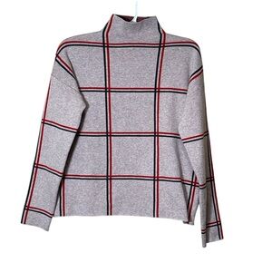 Tahari Gray and Red Plaid Turtleneck Sweater,size